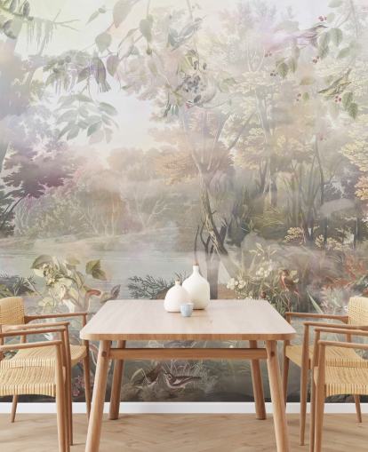 Floresta de aquarela verde e marrom suave com animais da floresta Floresta de aquarela verde e marrom suave com animais da floresta