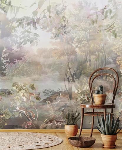 Muted green and brown watercolor forest with forest animals Muted green and brown watercolor forest with forest animals