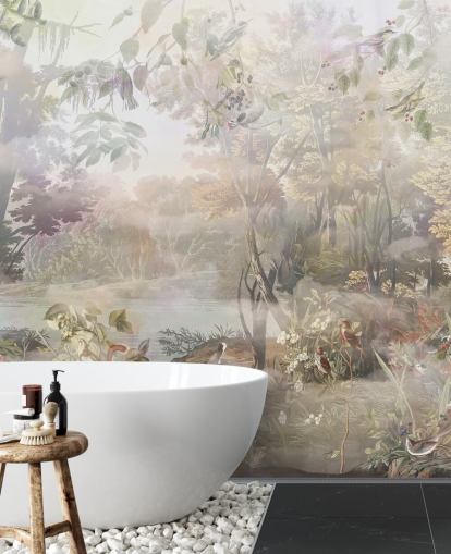 Dämpad grön och brun akvarellskog med skogsdjur Dämpad grön och brun akvarellskog med skogsdjur