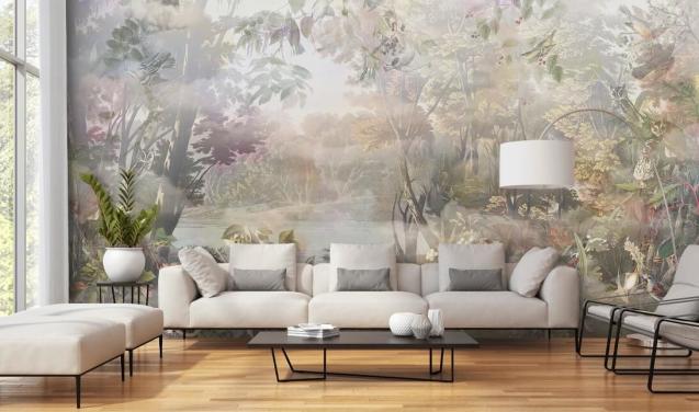 Muted green and brown watercolor forest with forest animals