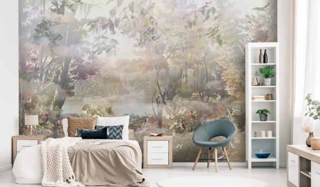 Muted green and brown watercolour forest with forest animals