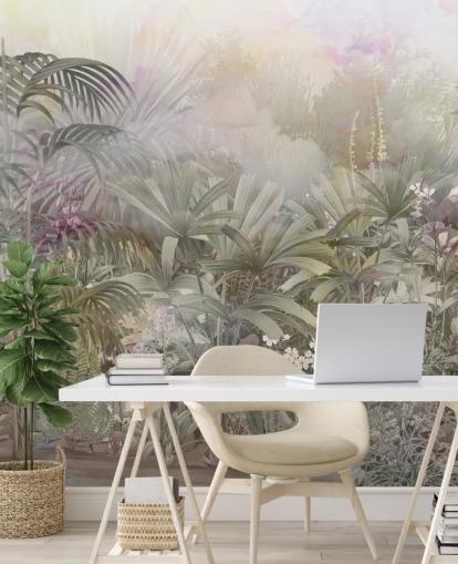 Green tropical trees with purple and white plants Green tropical trees with purple and white plants