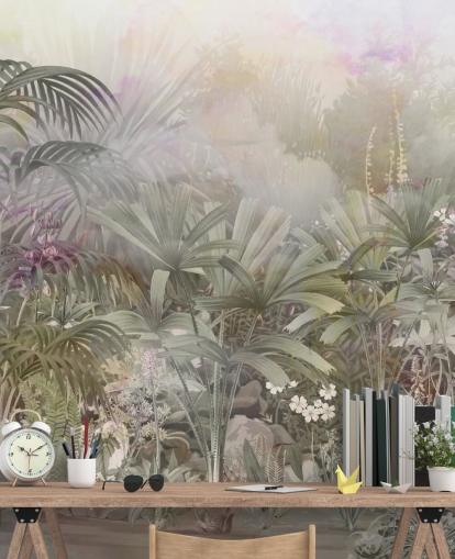 Green tropical trees with purple and white plants Green tropical trees with purple and white plants