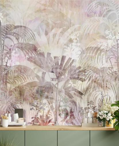 Fond beige avec des silhouettes d'arbres décolorées et des arbres violets plus foncés au premier plan Fond beige avec des silhouettes d'arbres décolorées et des arbres violets plus foncés au premier plan