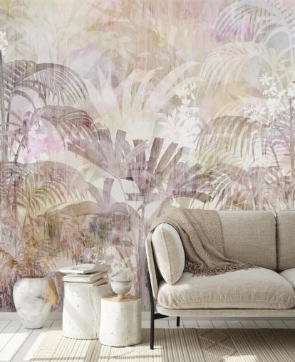 Beige baggrund med falmede træsilhuetter og mørkere lilla træer i forgrunden Beige baggrund med falmede træsilhuetter og mørkere lilla træer i forgrunden