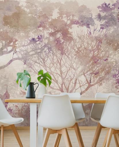 Beige bakgrund med bruna träd och fåglar med inslag av lila och dammiga röda Beige bakgrund med bruna träd och fåglar med inslag av lila och dammiga röda