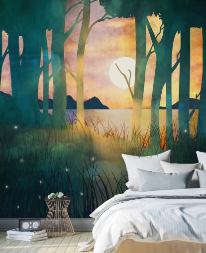 Emerald green forest with a setting sun over a river and blue mountains Emerald green forest with a setting sun over a river and blue mountains