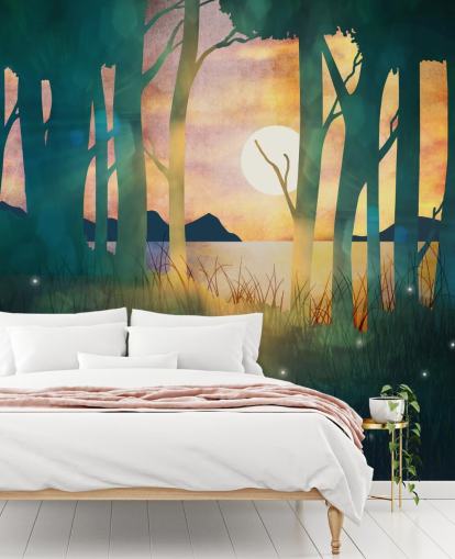 Floresta verde esmeralda com um sol poente sobre um rio e montanhas azuis Floresta verde esmeralda com um sol poente sobre um rio e montanhas azuis