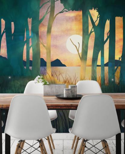 Emerald green forest with a setting sun over a river and blue mountains Emerald green forest with a setting sun over a river and blue mountains