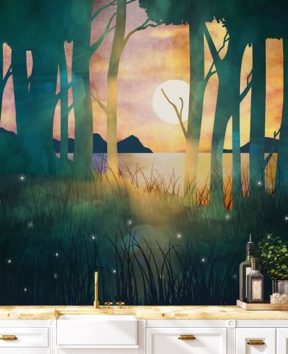 Emerald green forest with a setting sun over a river and blue mountains Emerald green forest with a setting sun over a river and blue mountains