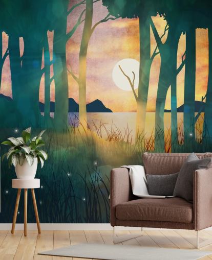 Emerald green forest with a setting sun over a river and blue mountains Emerald green forest with a setting sun over a river and blue mountains