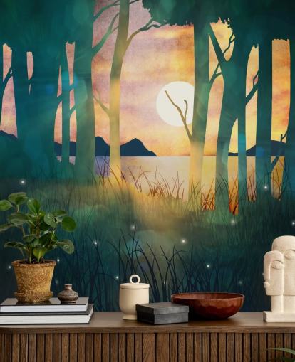 Smaragdgrön skog med solnedgången över en flod och blå berg Smaragdgrön skog med solnedgången över en flod och blå berg