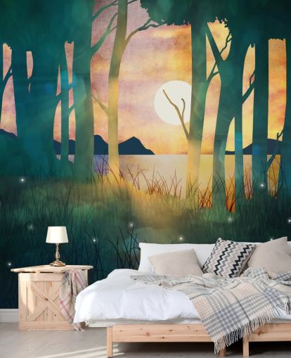 Foresta verde smeraldo con un sole al tramonto su un fiume e montagne blu Foresta verde smeraldo con un sole al tramonto su un fiume e montagne blu