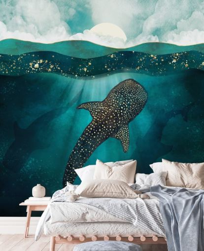 Dark blue ocean with a gold whale shark and distant blue silhouettes Dark blue ocean with a gold whale shark and distant blue silhouettes