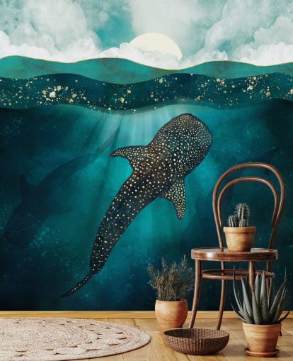 Dark blue ocean with a gold whale shark and distant blue silhouettes Dark blue ocean with a gold whale shark and distant blue silhouettes