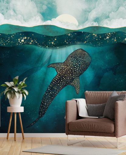 Dark blue ocean with a gold whale shark and distant blue silhouettes Dark blue ocean with a gold whale shark and distant blue silhouettes