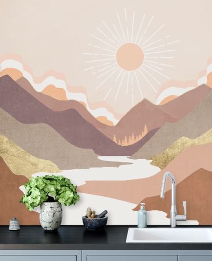 Beige, pastel pink and blush purple mountains with a white river Beige, pastel pink and blush purple mountains with a white river