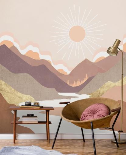 Beige, pastelrosa og rødme lilla bjerge med en hvid flod Beige, pastelrosa og rødme lilla bjerge med en hvid flod