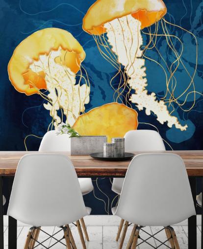Black and blue background with yellow floating jellyfish Black and blue background with yellow floating jellyfish
