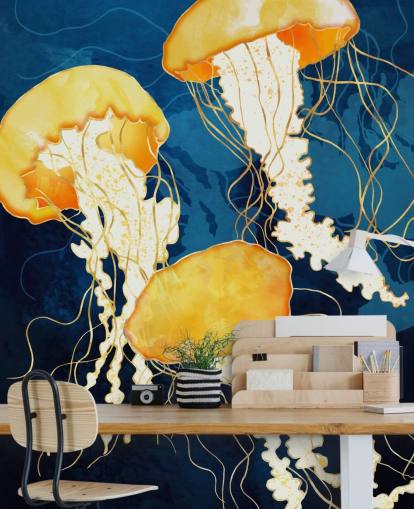 Fond noir et bleu avec des méduses flottantes jaunes Fond noir et bleu avec des méduses flottantes jaunes