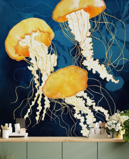 Fundo preto e azul com medusas flutuantes amarelas Fundo preto e azul com medusas flutuantes amarelas