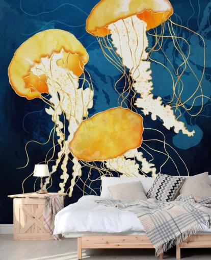 Black and blue background with yellow floating jellyfish Black and blue background with yellow floating jellyfish