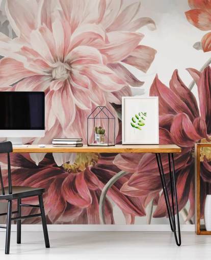 Grandes fleurs rouges et roses sur fond blanc et gris Grandes fleurs rouges et roses sur fond blanc et gris