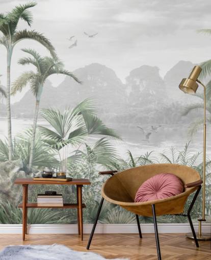 groene jungle behangmuurschildering genaamd Jungle Paradise at Wallsauce voor slaapkamers, woonkamers en gangen groene jungle behangmuurschildering genaamd Jungle Paradise at Wallsauce voor slaapkamers, woonkamers en gangen