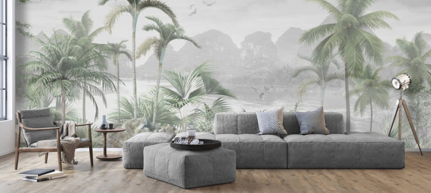groene jungle behangmuurschildering genaamd Jungle Paradise at Wallsauce voor slaapkamers, woonkamers en gangen