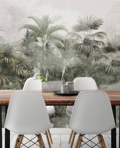 Dark green tall plam trees in a misty jungle with a light gray sky wallpaper Dark green tall plam trees in a misty jungle with a light gray sky wallpaper