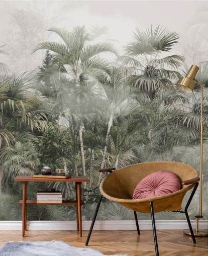 Dark green tall plam trees in a misty jungle with a light grey sky wallpaper Dark green tall plam trees in a misty jungle with a light grey sky wallpaper