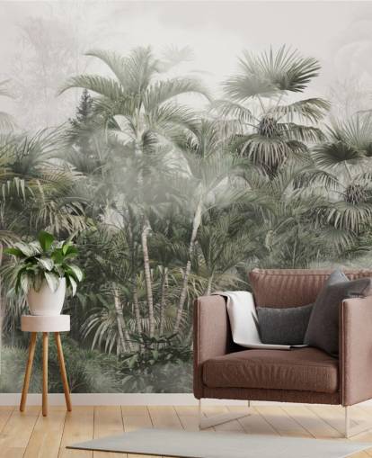 Dark green tall plam trees in a misty jungle with a light grey sky wallpaper Dark green tall plam trees in a misty jungle with a light grey sky wallpaper