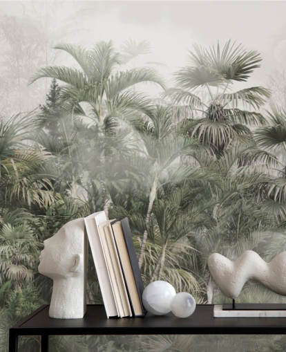 Donkergroene hoge palmbomen in een mistige jungle met een lichtgrijs hemelbehang Donkergroene hoge palmbomen in een mistige jungle met een lichtgrijs hemelbehang