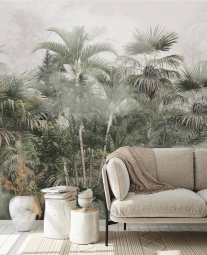 Dark green tall plam trees in a misty jungle with a light grey sky wallpaper Dark green tall plam trees in a misty jungle with a light grey sky wallpaper