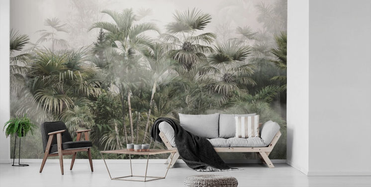 Dark green tall plam trees in a misty jungle with a light grey sky wallpaper