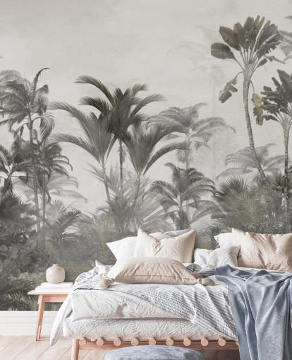 Muted green and dark beige tropical jungle palm trees wallpaper Muted green and dark beige tropical jungle palm trees wallpaper