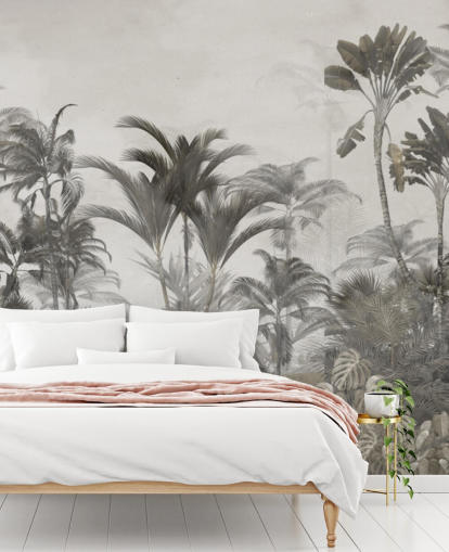 Muted green and dark beige tropical jungle palm trees wallpaper Muted green and dark beige tropical jungle palm trees wallpaper