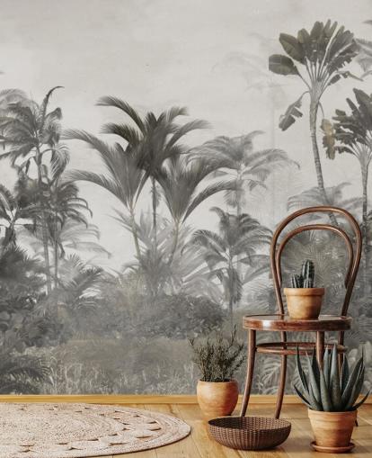 Muted green and dark beige tropical jungle palm trees wallpaper Muted green and dark beige tropical jungle palm trees wallpaper