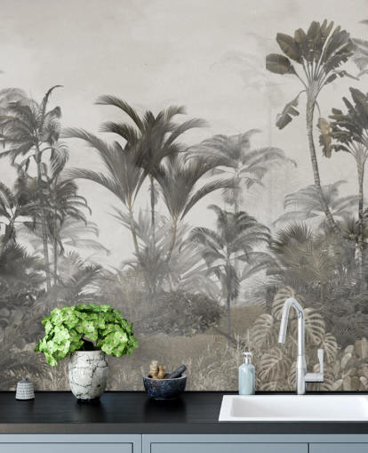 Carta da parati verde tenue e beige scuro con palme nella giungla tropicale Carta da parati verde tenue e beige scuro con palme nella giungla tropicale