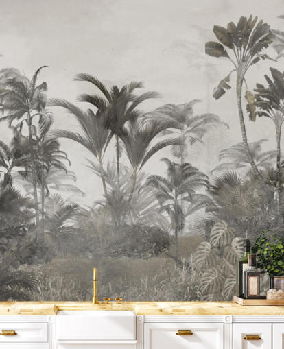 Dämpad grön och mörk beige tropisk djungel palmer tapeter Dämpad grön och mörk beige tropisk djungel palmer tapeter