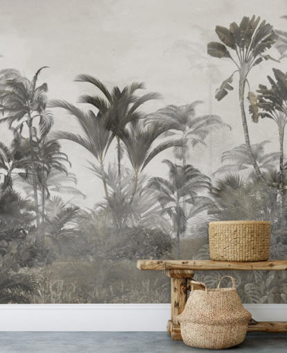 Muted green and dark beige tropical jungle palm trees wallpaper Muted green and dark beige tropical jungle palm trees wallpaper