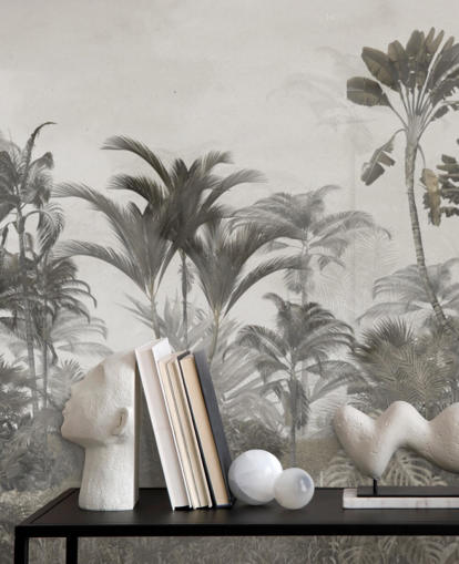 Muted green and dark beige tropical jungle palm trees wallpaper Muted green and dark beige tropical jungle palm trees wallpaper