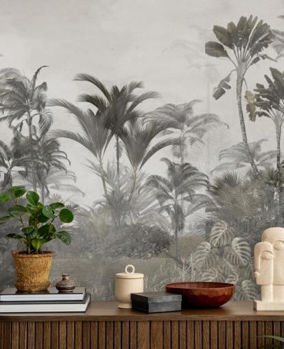 Muted green and dark beige tropical jungle palm trees wallpaper Muted green and dark beige tropical jungle palm trees wallpaper