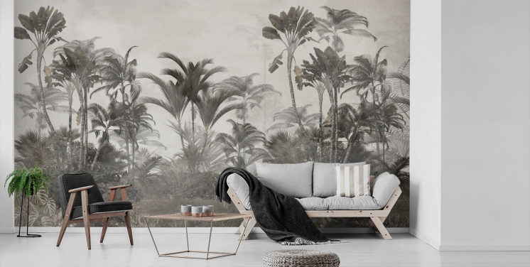 Dæmpet grøn og mørk beige tropisk jungle palmer tapet