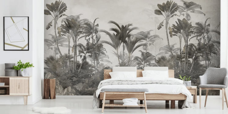 Muted green and dark beige tropical jungle palm trees wallpaper
