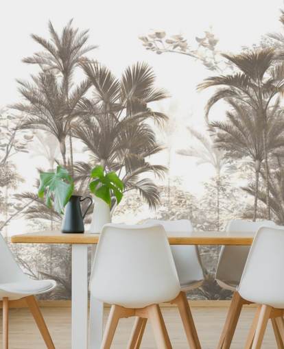 Dark brown rainforest jungle palm trees with a bright white sky wallpaper Dark brown rainforest jungle palm trees with a bright white sky wallpaper