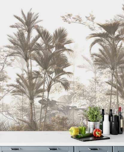 Dark brown rainforest jungle palm trees with a bright white sky wallpaper Dark brown rainforest jungle palm trees with a bright white sky wallpaper