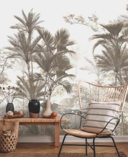 Dark brown rainforest jungle palm trees with a bright white sky wallpaper Dark brown rainforest jungle palm trees with a bright white sky wallpaper