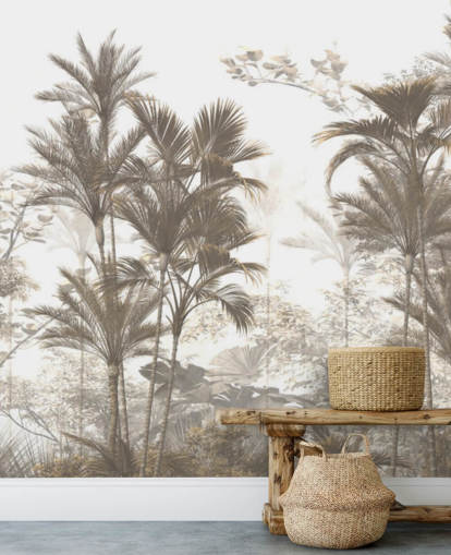 Dunkelbraune Regenwald-Dschungelpalmen mit hellweißer Himmelstapete Dunkelbraune Regenwald-Dschungelpalmen mit hellweißer Himmelstapete