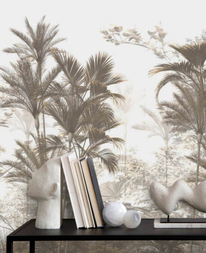 Dark brown rainforest jungle palm trees with a bright white sky wallpaper Dark brown rainforest jungle palm trees with a bright white sky wallpaper